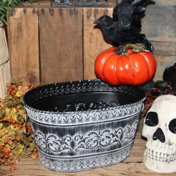 NEW Ornate Black & White French Country Gothic Halloween Metal Bucket w/Handles - Picture 1 of 9